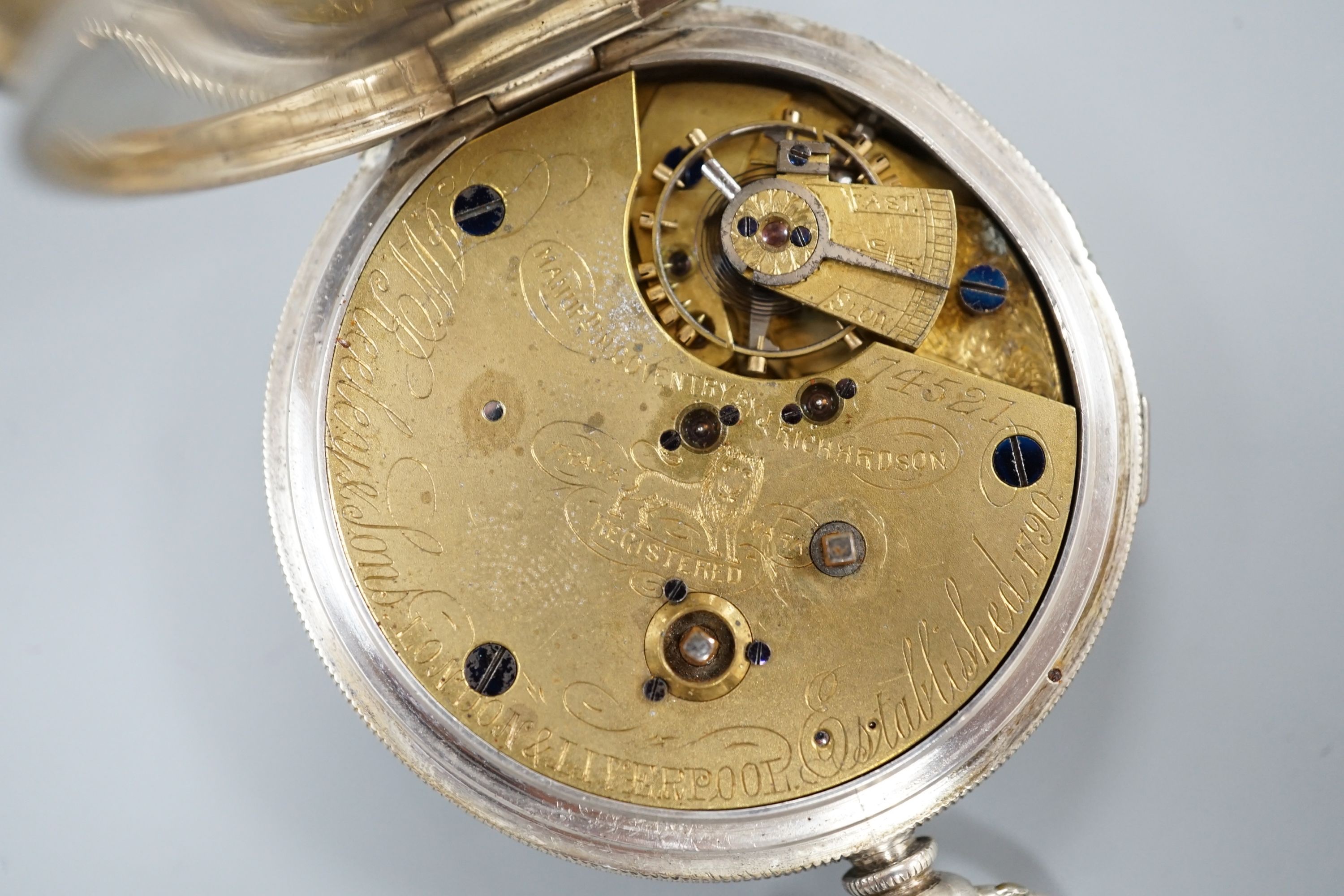 A Victorian silver open face keywind chronograph pocket watch, case diameter 53mm.